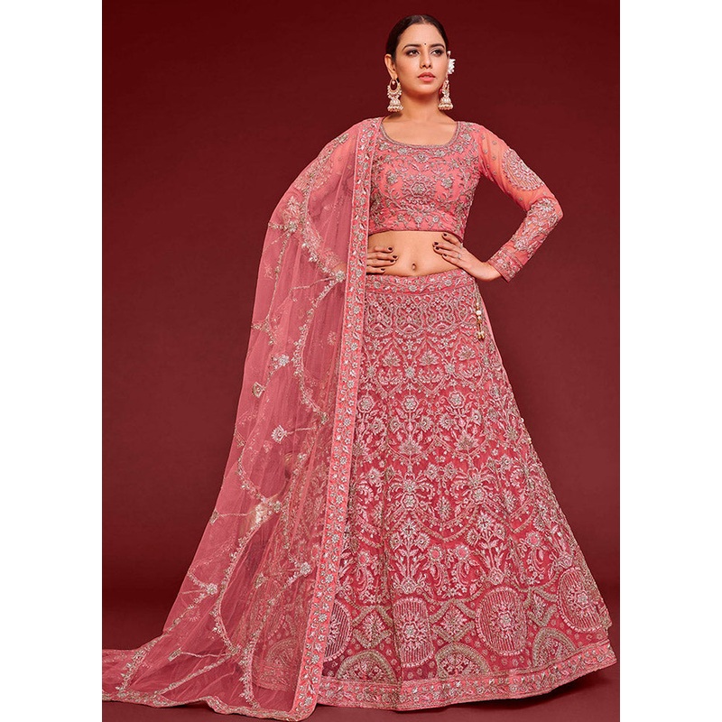 3 Pc Pink Semi Stitched Pure Net Lehenga Set - JD986596752