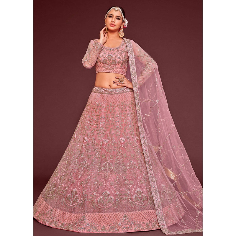 3 Pc Pink Semi Stitched Pure Net Lehenga Set - JD986596756