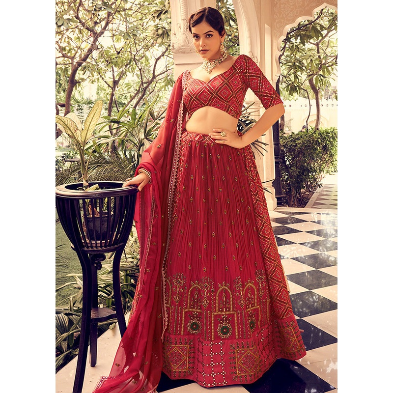 3 Pc Pink Semi Stitched Silk Lehenga Set - JD986596699
