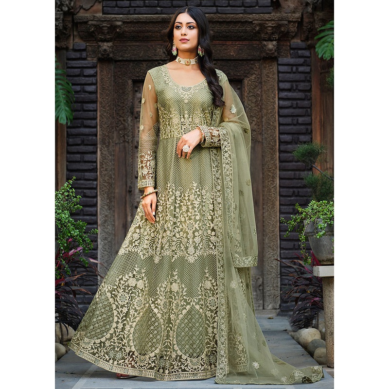 3 Pc Pista Green Net Semi Stitched Lehenga Set - JD986596819
