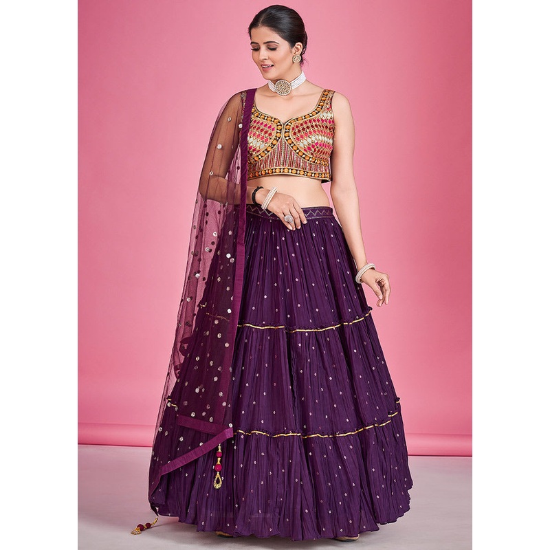 3 Pc Purple Georgette Lehenga Set - JD986596785