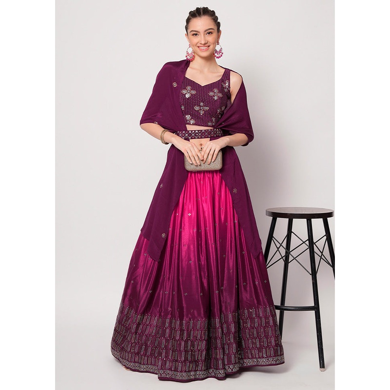 3 Pc Purple Semi Stitched Chinon Silk Lehenga Set - JD986596684