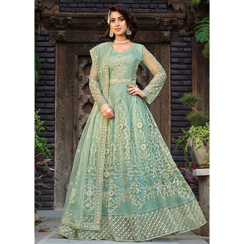 3 Pc Sea Green Net Semi Stitched Lehenga Set - JD986596821