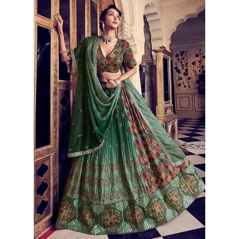 3 Pc Sea Green Semi Stitched Silk Lehenga Set - JD986596701