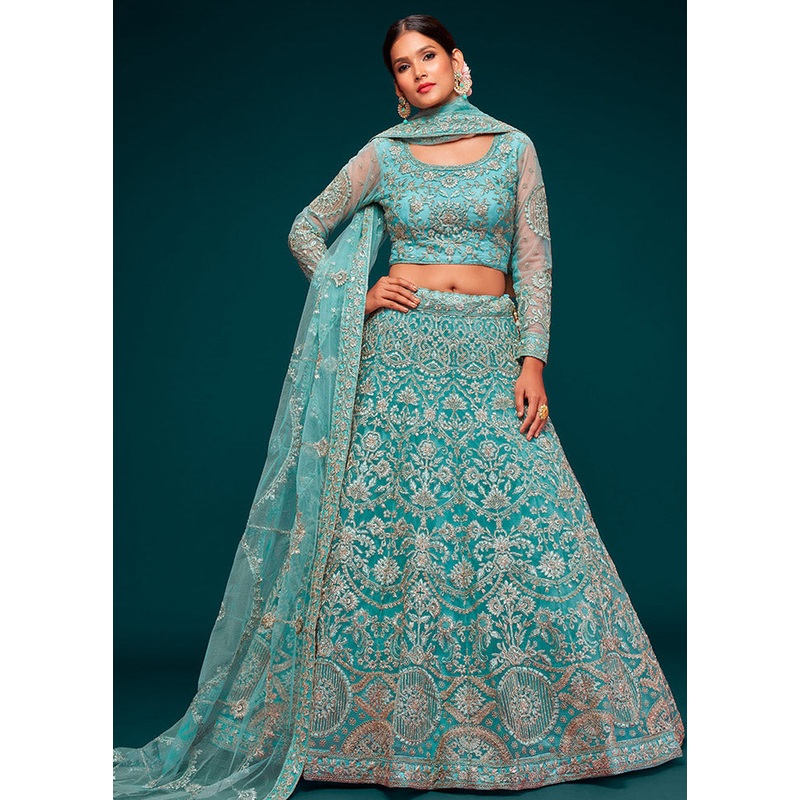 3 Pc Sky Blue Semi Stitched Pure Net Lehenga Set - JD986596749