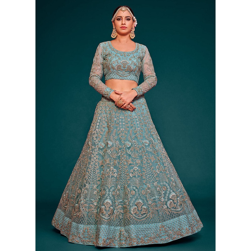 3 Pc Sky Blue Semi Stitched Pure Net Lehenga Set - JD986596753