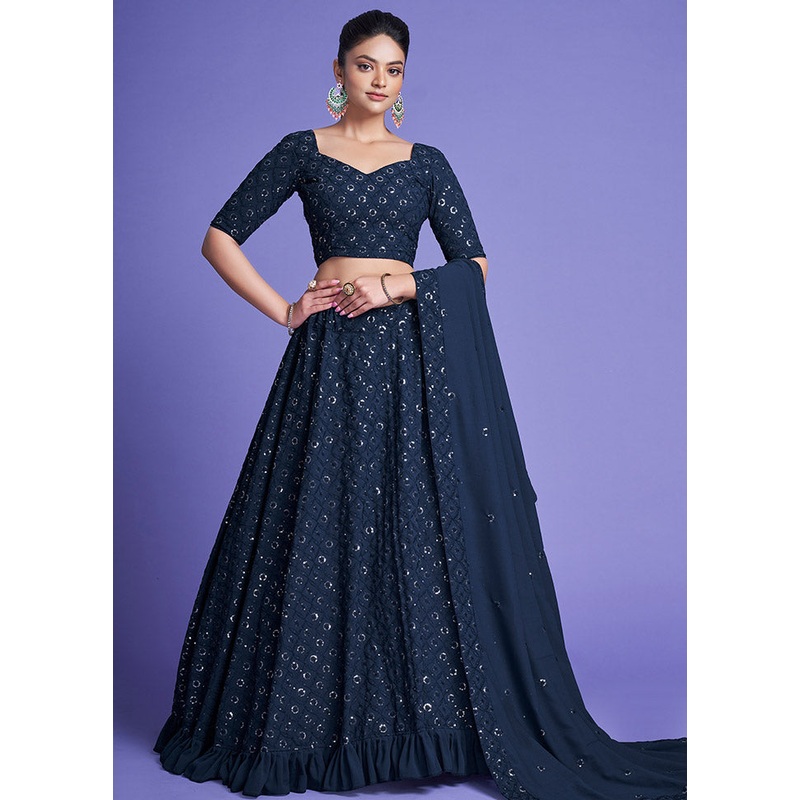 3 Pc Teal Blue Georgette Semi Stitched Lehenga Set - JD986596828