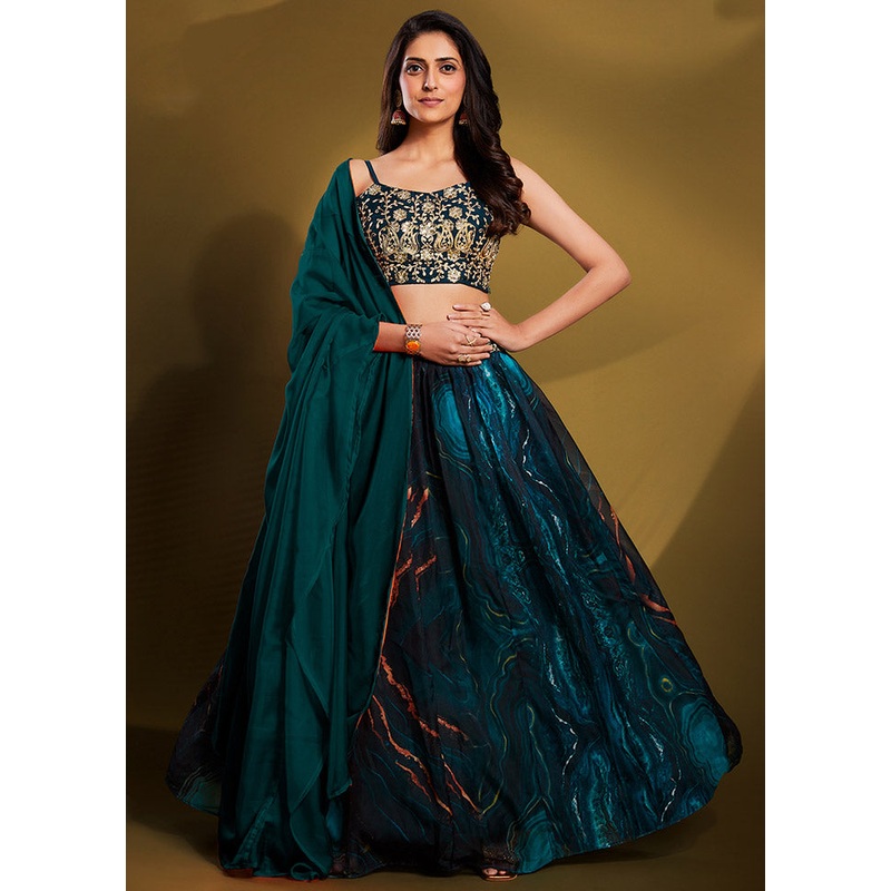 3 Pc Teal Organza Semi Stitched Lehenga Set - JD986596822