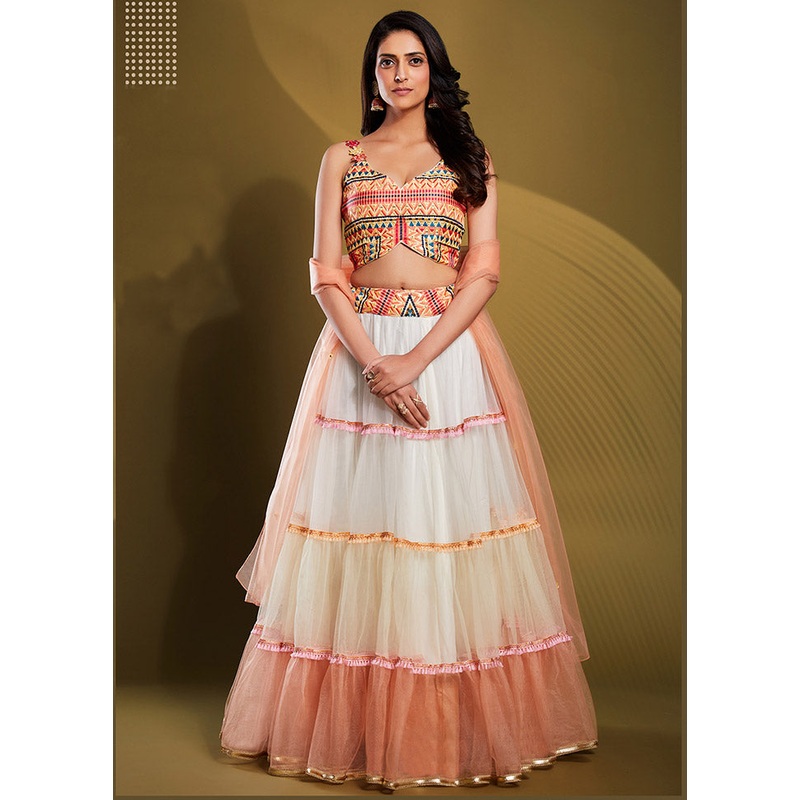 3 Pc White Net Semi Stitched Lehenga Set - JD986596825