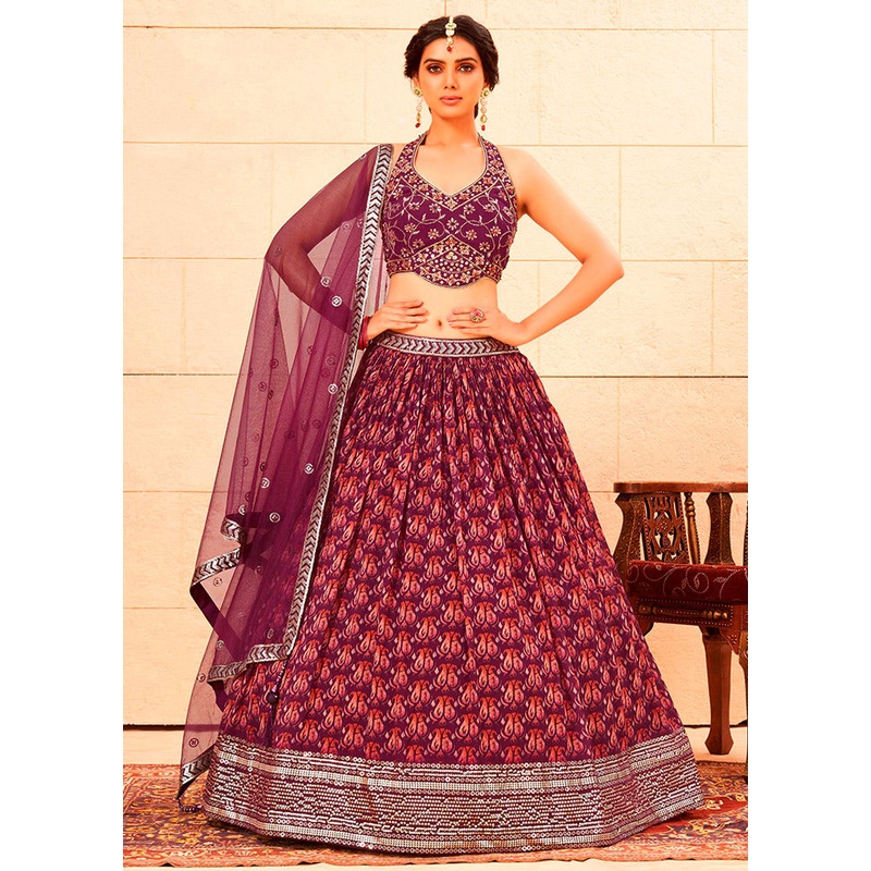 3 Pc Wine Readymade Georgette Lehenga Set - JD986596725