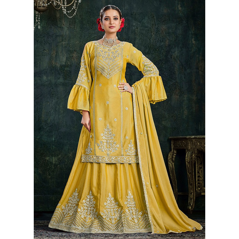 3 Pc Yellow Chinon Lehenga Set - JD986596791