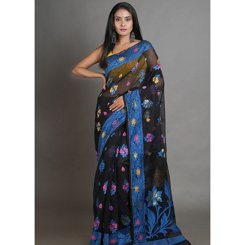 Black Cotton Tant Jamdani Saree Without Blouse Piece - JD986596844