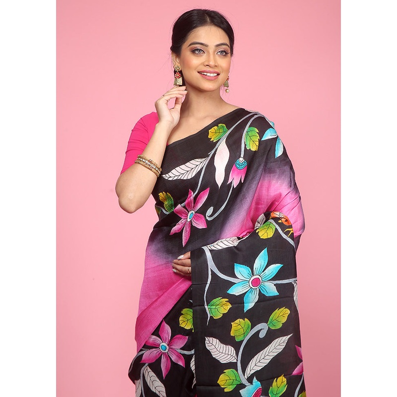 Black Printed Pure Silk Saree Without Blouse Piece - JD986596879