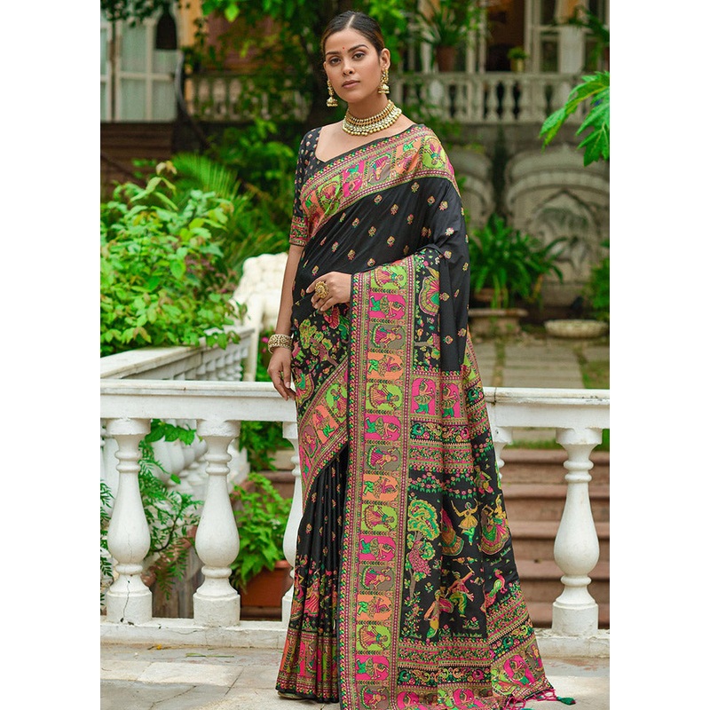 Black Spun Silk Saree With Blouse Piece - JD986596734