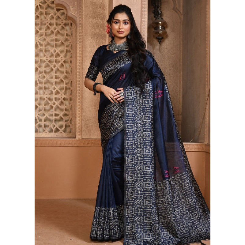 Blue Chiffon Silk Saree With Blouse Piece - JD986596739