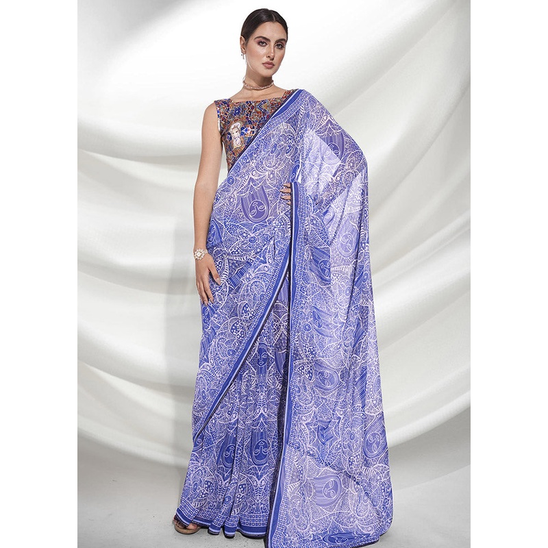 Blue Chiffon Silk Saree With Blouse Piece - JD986596780