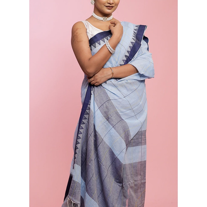Blue Cotton Saree With Blouse Piece - JD986596859