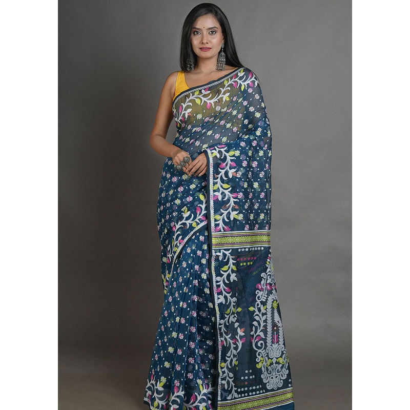 Blue Cotton Tant Jamdani Saree Without Blouse Piece - JD986596845
