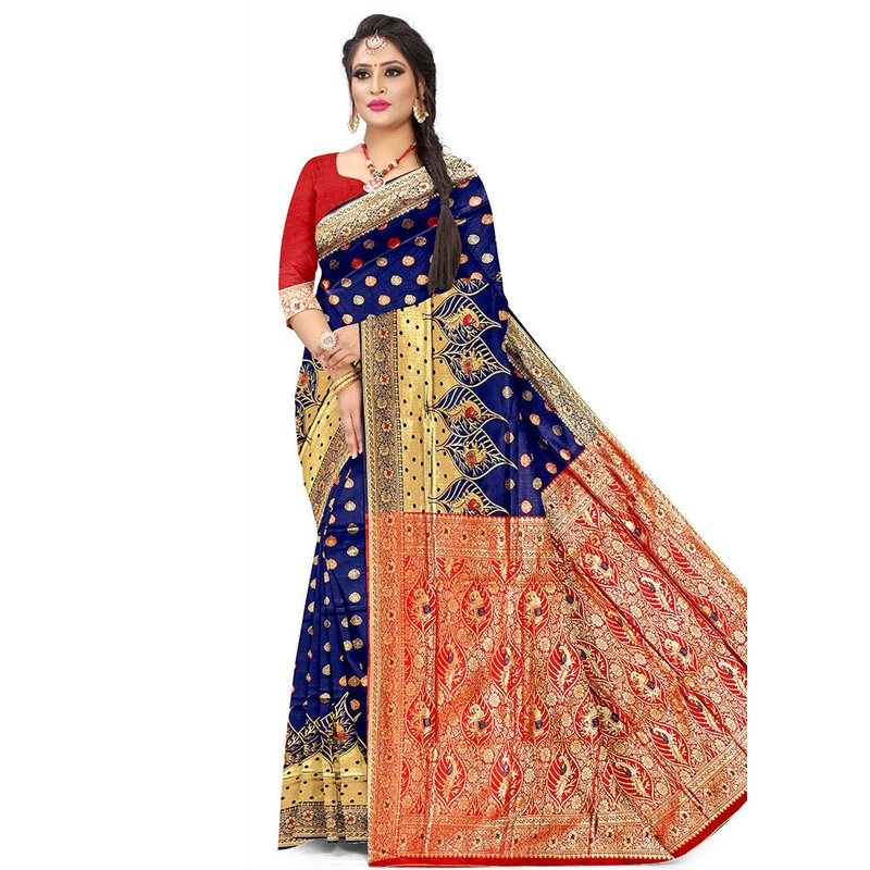 Blue Spun Silk Saree With Blouse Piece - JD986596704