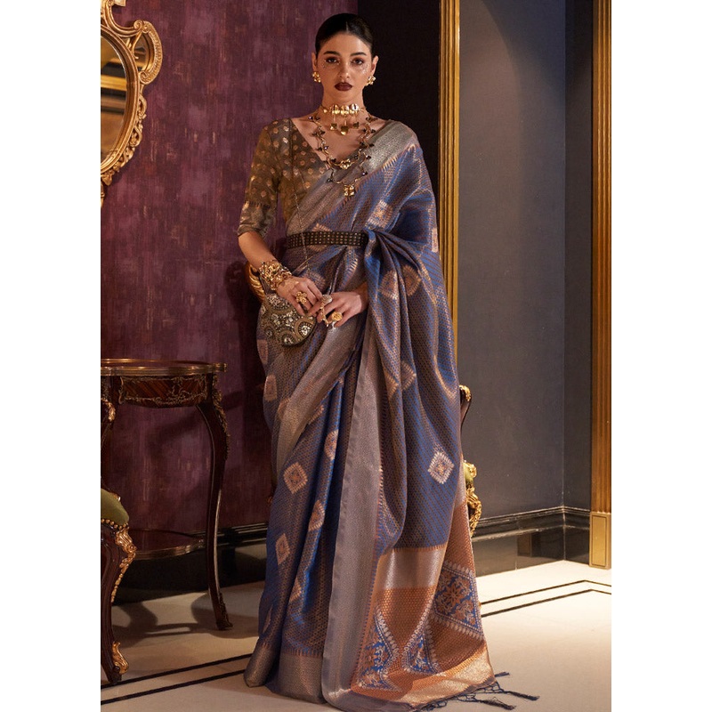 Blue Spun Silk Saree With Blouse Piece - JD986596807