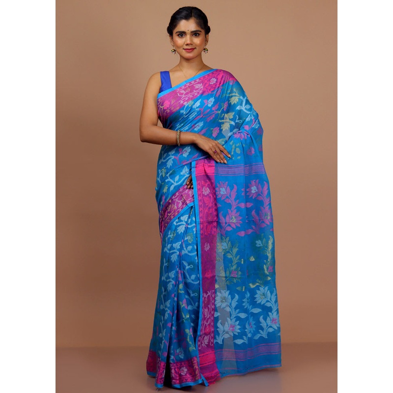 Blue Tant Jamdani Saree With Blouse Piece - JD986596849