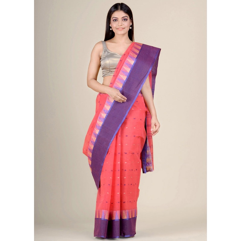 Coral Cotton Tant Jamdani Pure Cotton Saree Without Blouse Piece - JD986596830