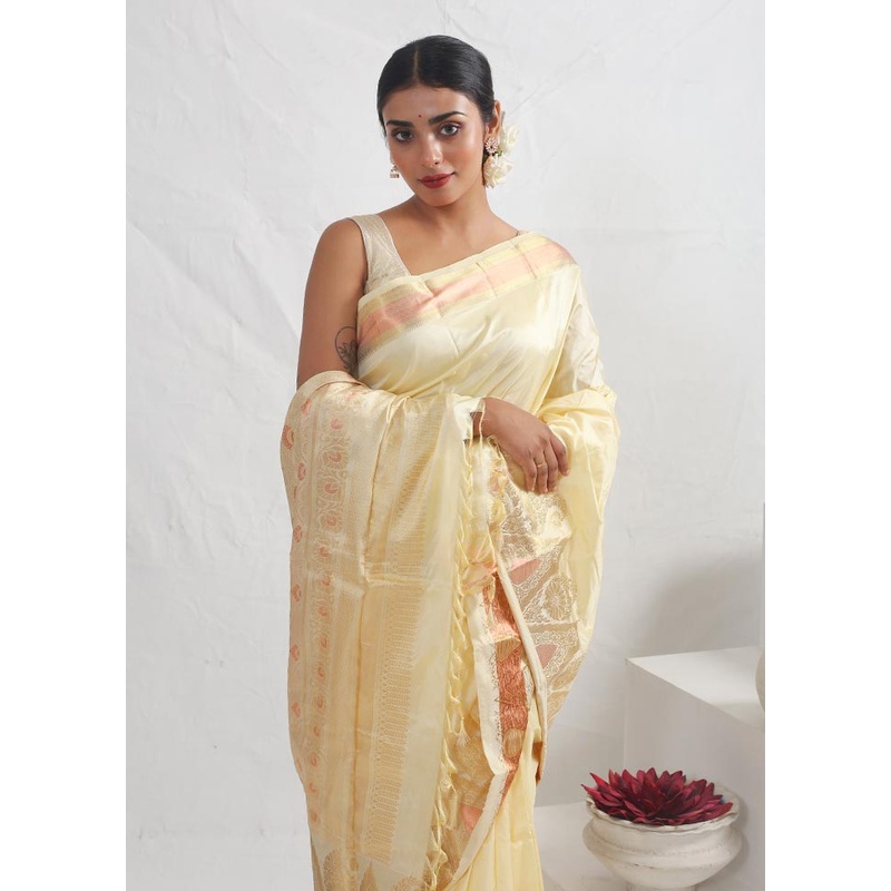 Cream Pure Arni Silk Saree With Blouse Piece - JD986596866
