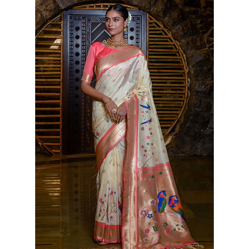 Cream Spun Silk Saree With Blouse Piece - JD986596714