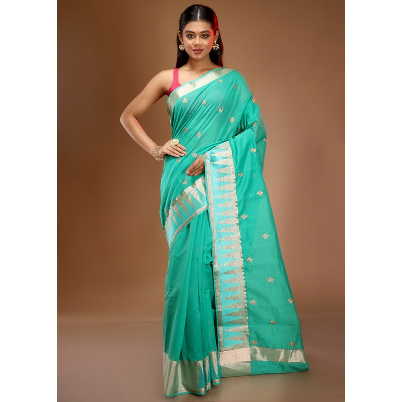 Green Cotton Embroidered Saree With Blouse Piece - JD986596847
