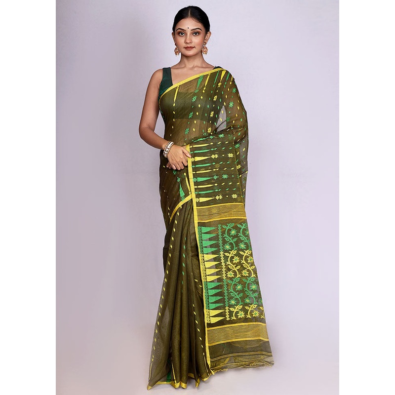Green Cotton Jamdani Saree Without Blouse Piece - JD986596758