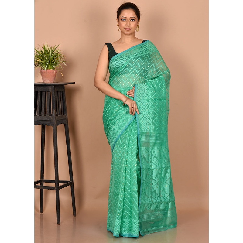 Green Cotton Jamdani Saree Without Blouse Piece - JD986596846