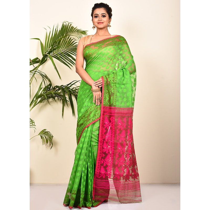 Green Cotton Jamdani Woven Saree Without Blouse Piece - JD986596843