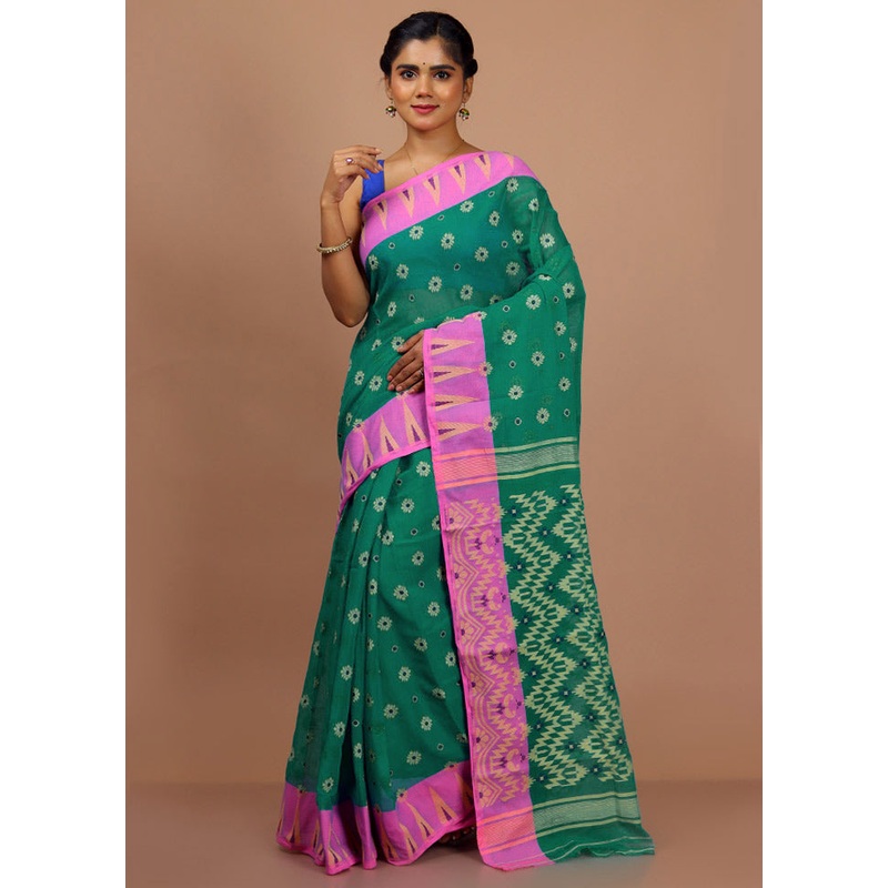 Green Cotton Saree With Blouse Piece - JD986596850