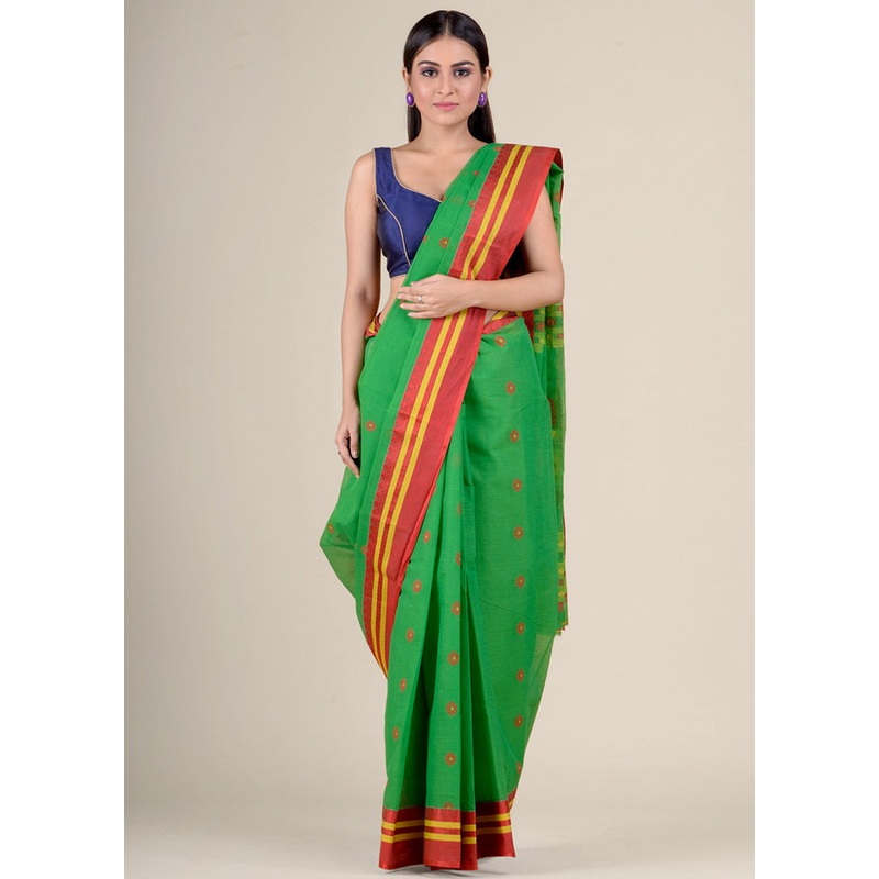 Green Cotton Tant Jamdani Pure Cotton Saree Without Blouse Piece - JD986596831