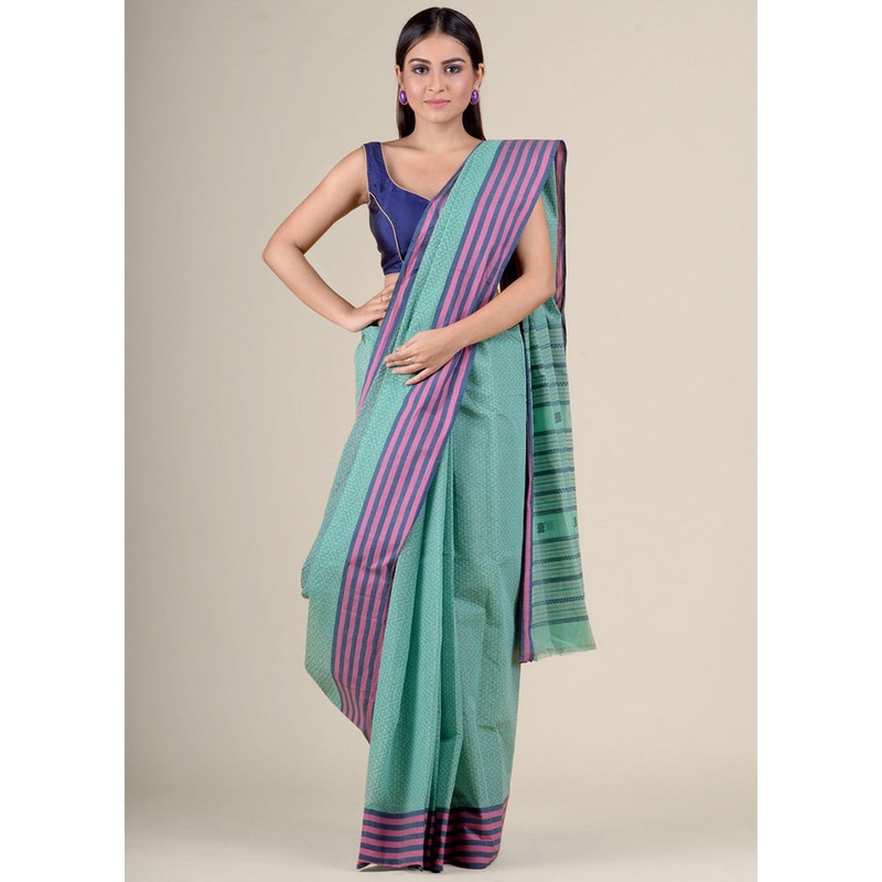 Green Cotton Tant Jamdani Pure Cotton Saree Without Blouse Piece - JD986596832