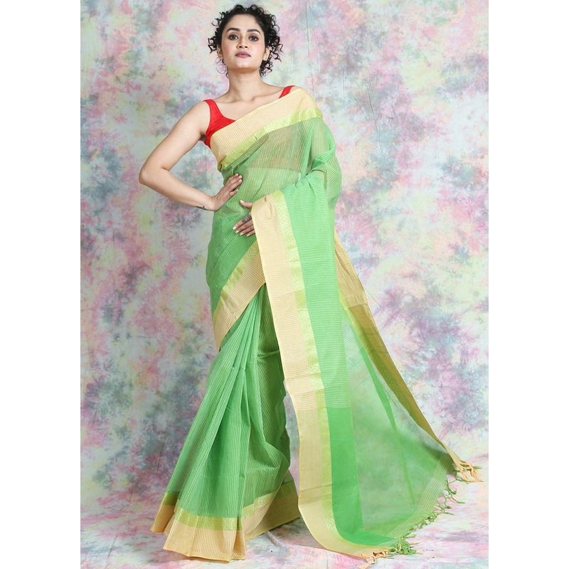 Green Cotton Tant Jamdani Saree Without Blouse Piece - JD986596836