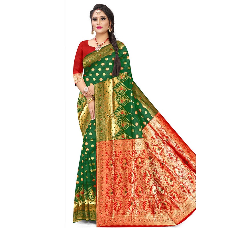 Green Spun Silk Saree With Blouse Piece - JD986596705
