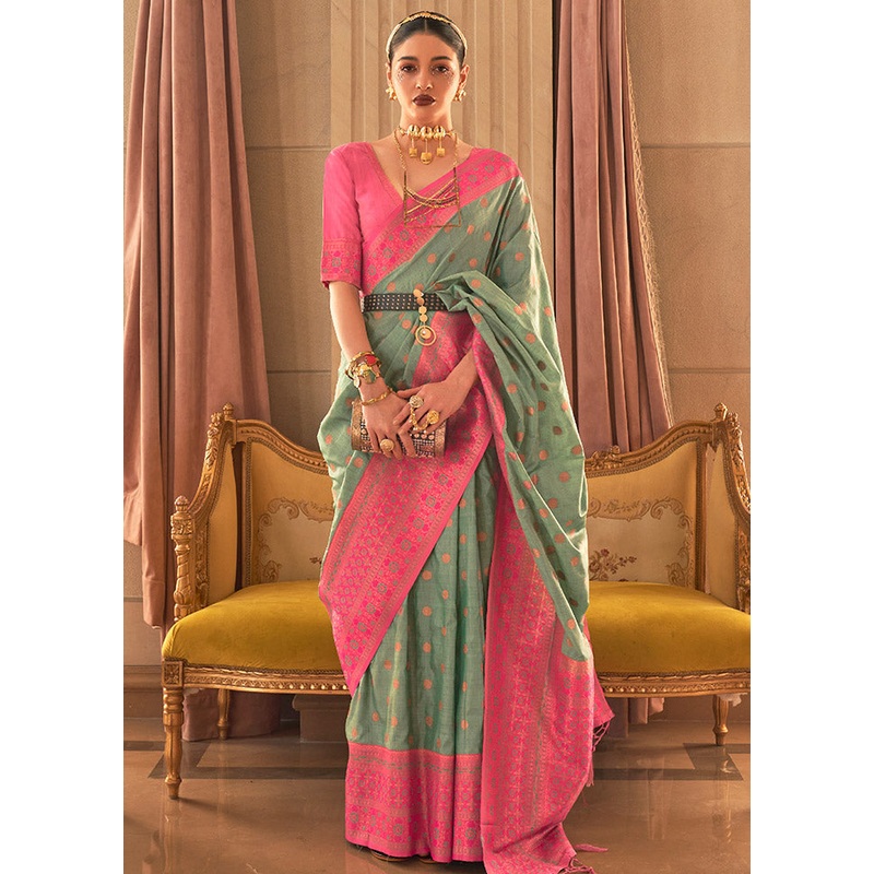 Green Spun Silk Saree With Blouse Piece - JD986596814