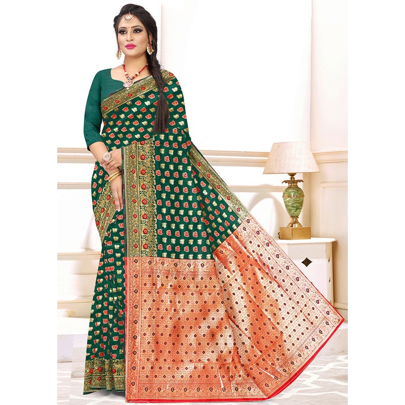 Green Spun Silk Zari Woven Saree With Blouse Piece - JD986596679