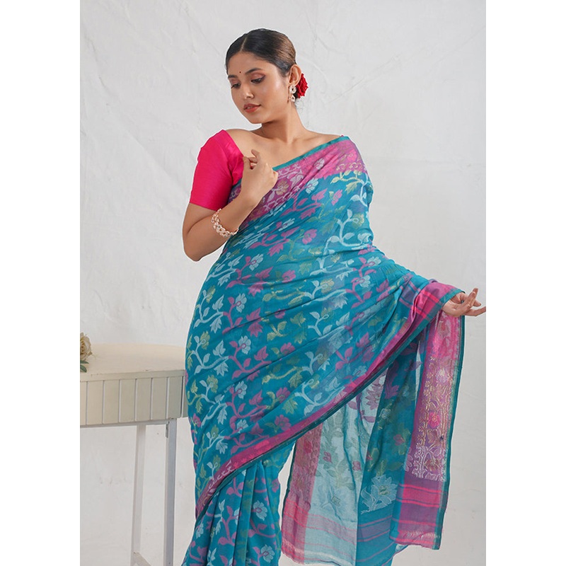 Green Tant Jamdani Saree With Blouse Piece - JD986596867