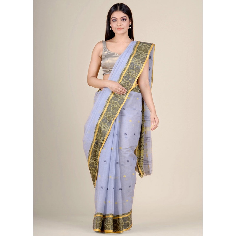 Grey Cotton Tant Jamdani Pure Cotton Saree Without Blouse - JD986596833