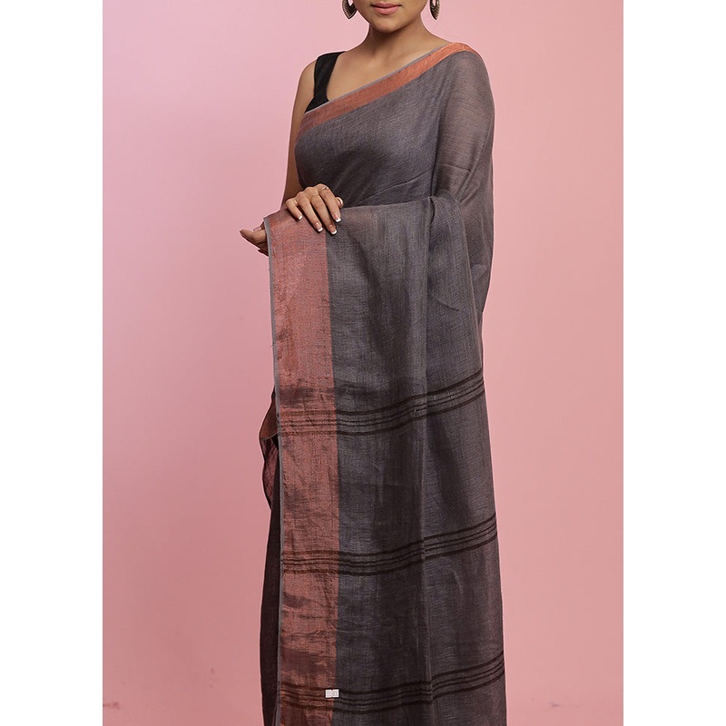Grey Solid Linen Silk Saree With Blouse Piece - JD986596862