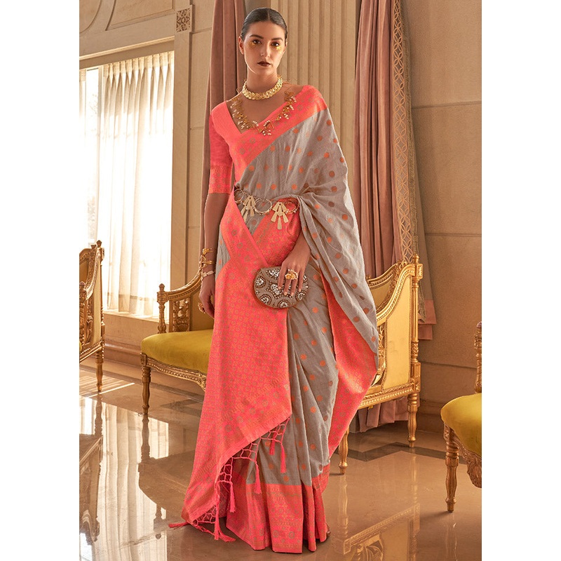 Grey Spun Silk Saree With Blouse Piece - JD986596815