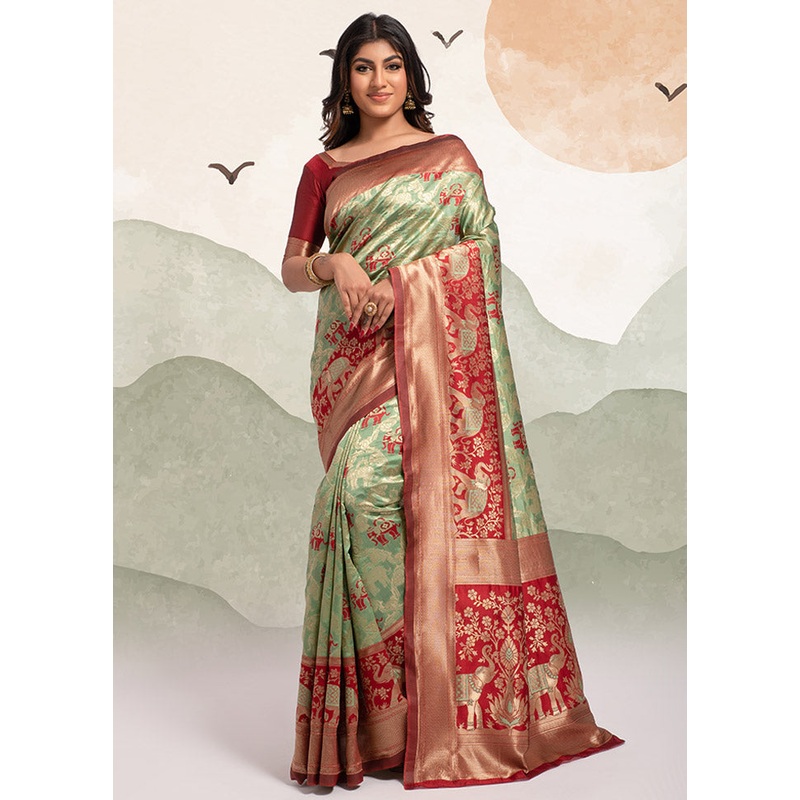 Light Green Spun Silk Saree With Blouse Piece - JD986596671