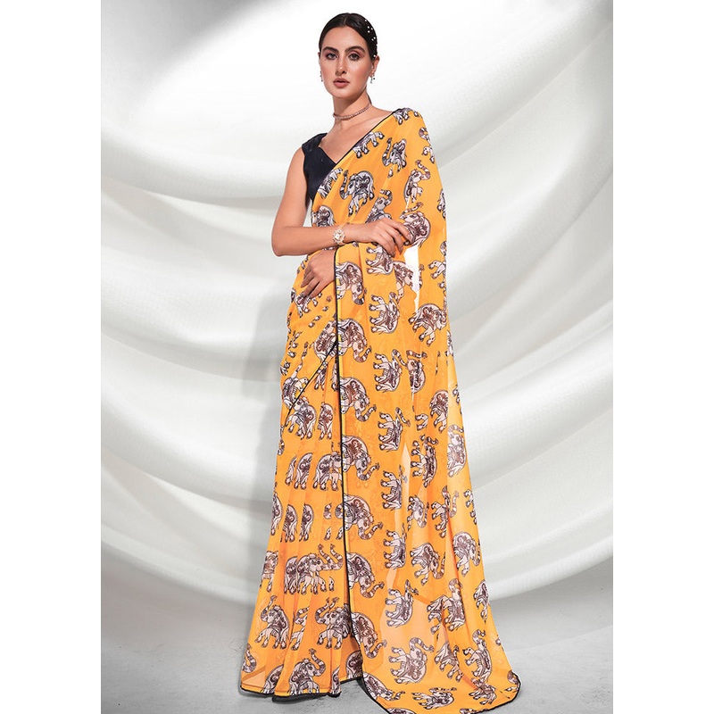 Mustard Chiffon Silk Saree With Blouse Piece - JD986596781