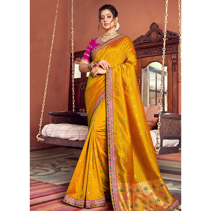 Mustard Spun Silk Saree With Blouse Piece - JD986596802