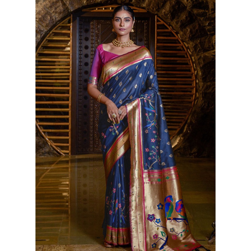 Navy Blue Spun Silk Saree With Blouse Piece - JD986596711