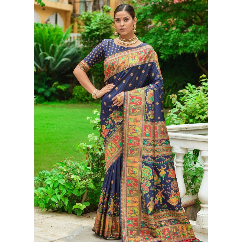 Navy Blue Spun Silk Saree With Blouse Piece - JD986596728
