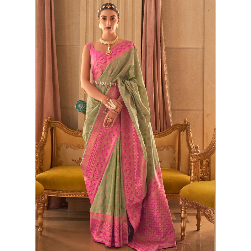 Olive Green Spun Silk Saree With Blouse Piece - JD986596817