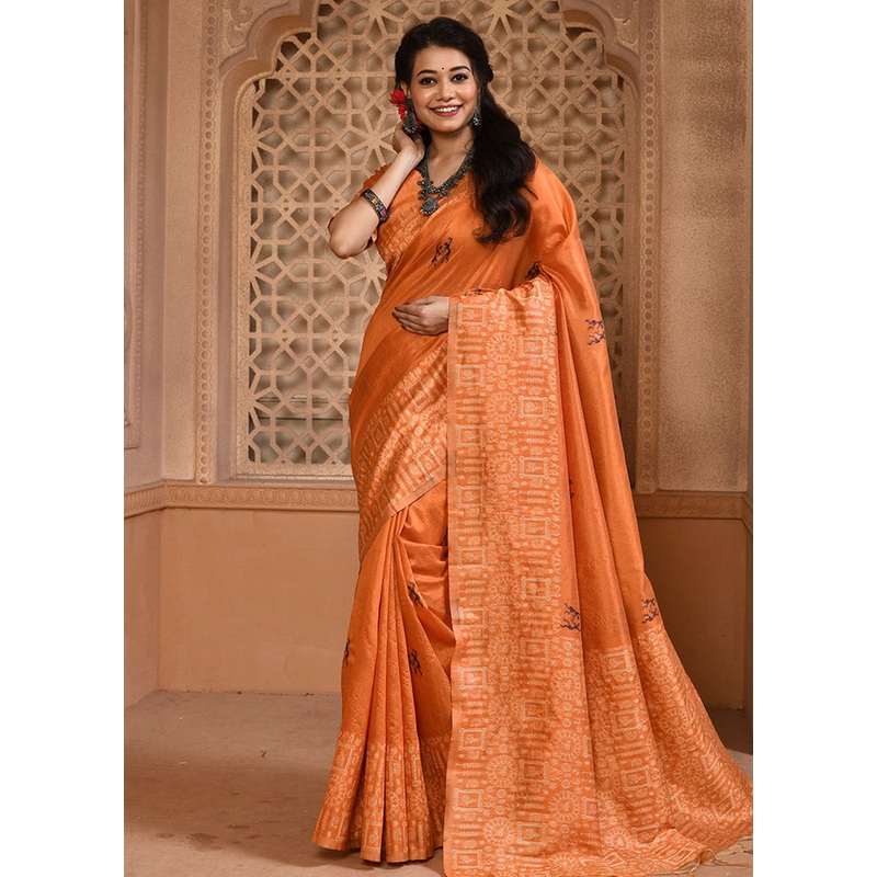 Orange Chiffon Silk Saree With Blouse Piece - JD986596744